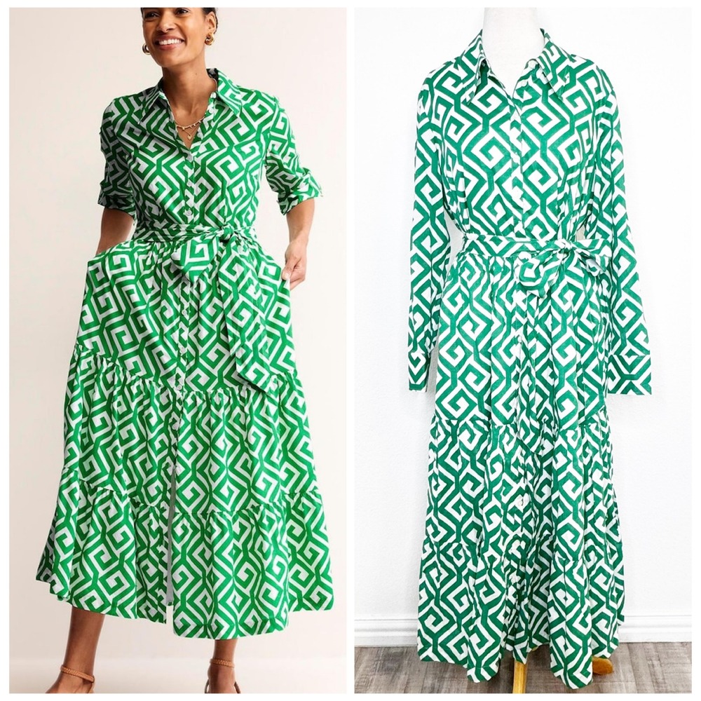 Boden Womens‎ Flo Cotton Midi Shirt Dress Size UK16P US12P Green Holiday Party